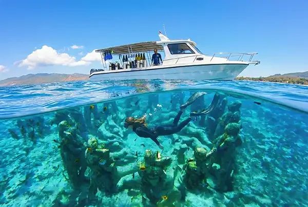 pelanggan aktivitas snorkeling di gili trawangan gili meno di patung bawah laut